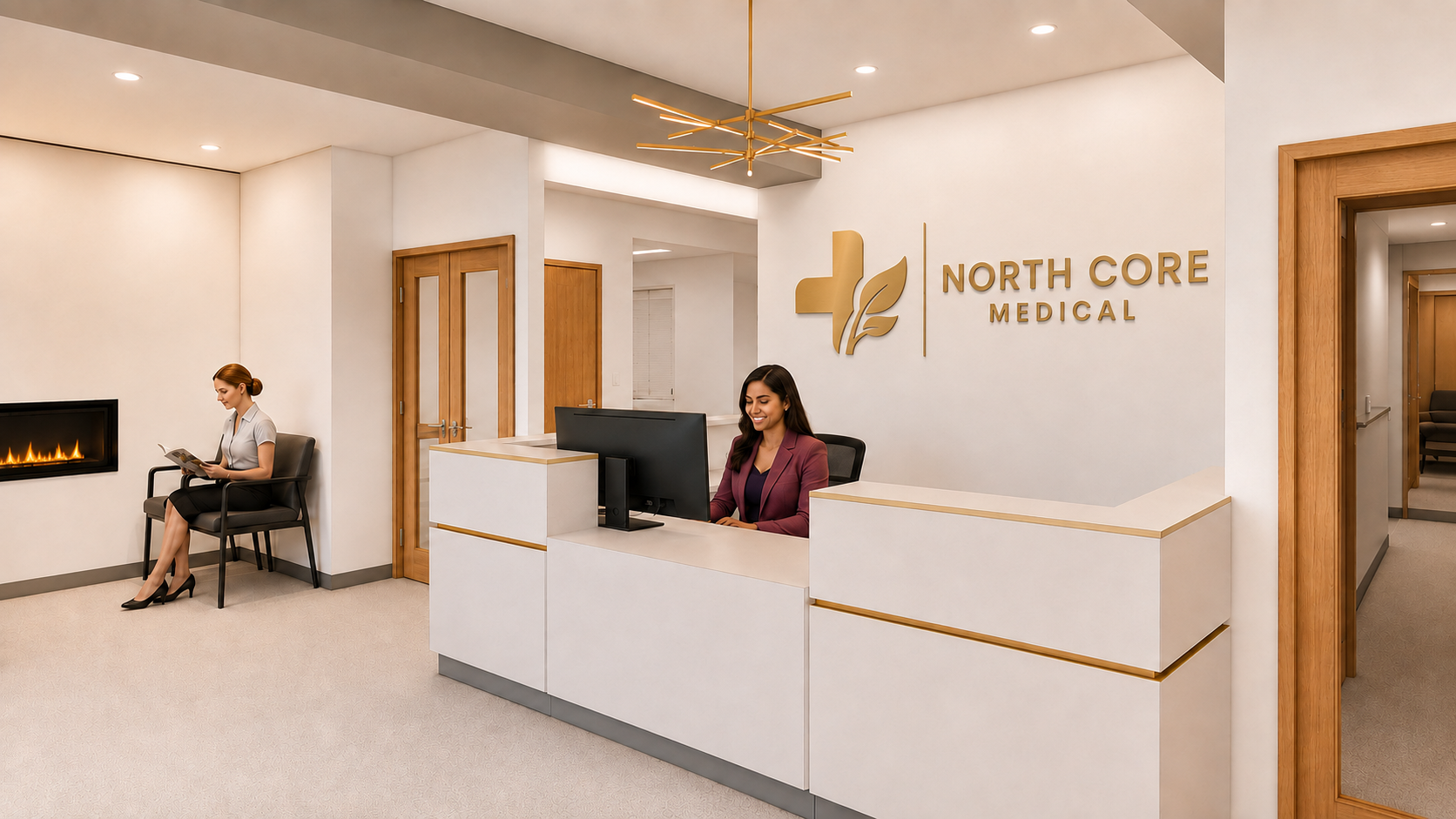 Reception area of North Core Medical with receptionist at desk and woman sitting near fireplace reading.