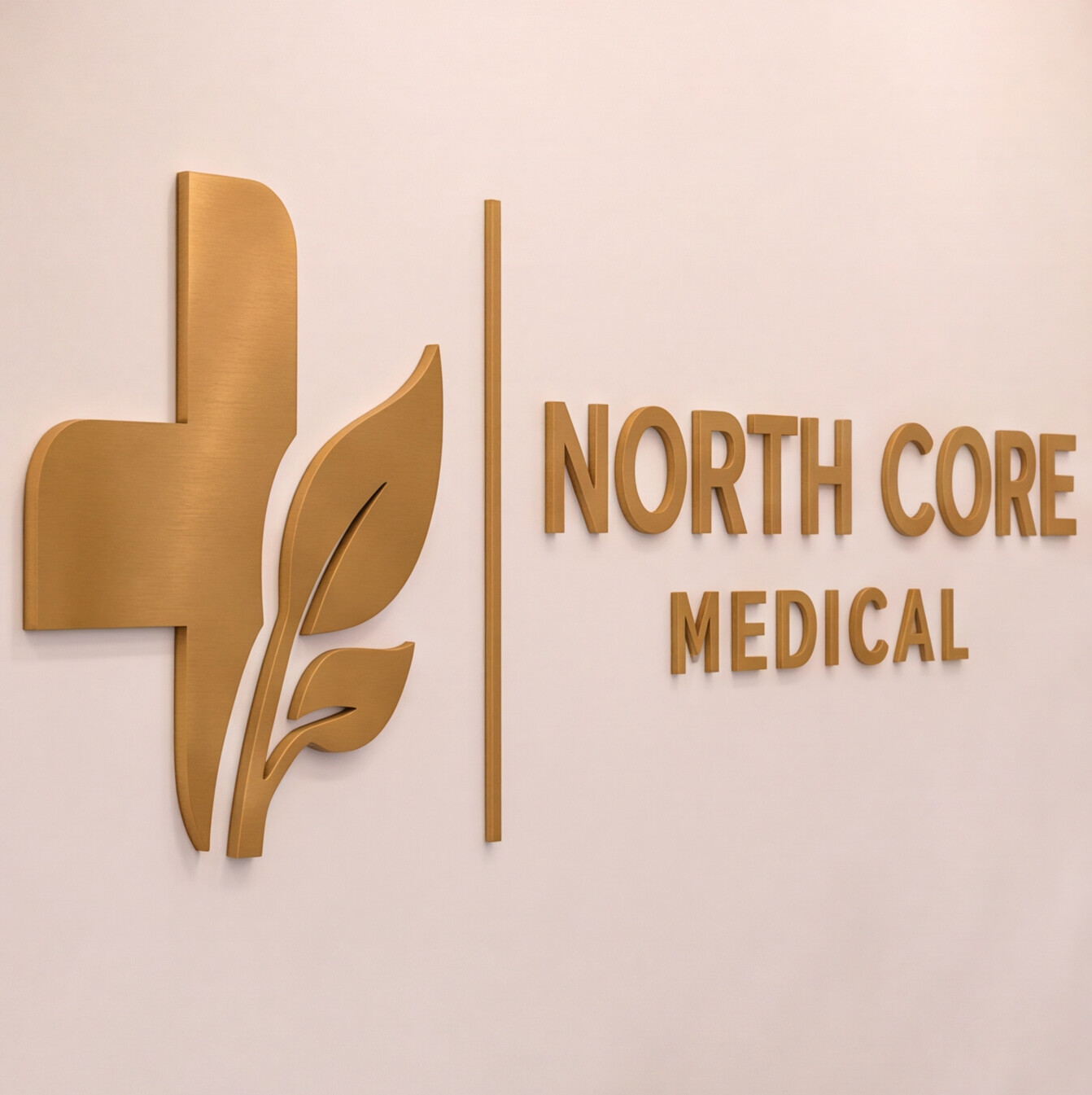 Gold 3D logo of a medical cross and leaves next to the text North Core Medical on a beige wall.