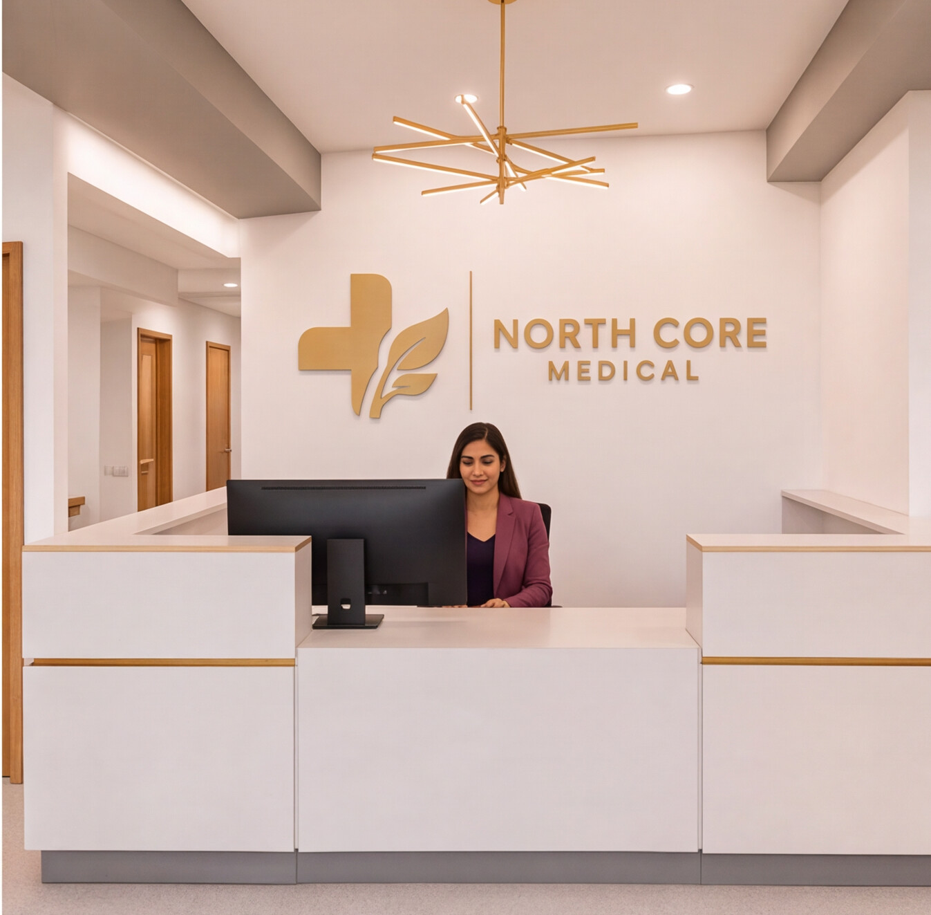 Receptionist seated behind white desk with monitor at North Core Medical office with gold logo on wall.