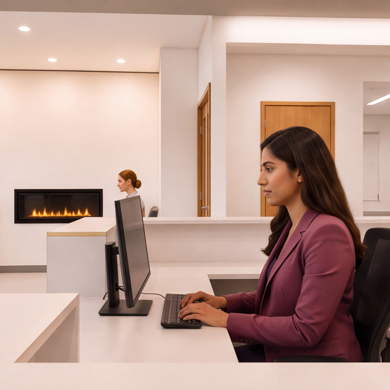 Woman in purple blazer typing at a computer in a modern office with a fireplace and another person in background.