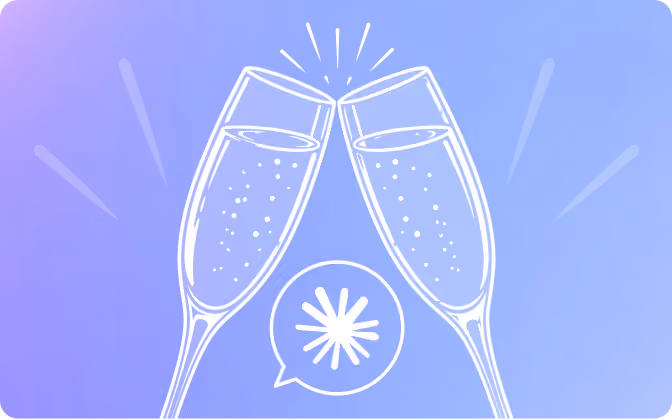 Two champagne glasses clinking with bubbles against a blue and purple gradient background.