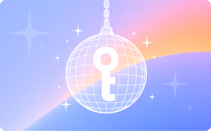 White key icon inside a disco ball hanging from a chain on a blue and pink gradient background with stars.