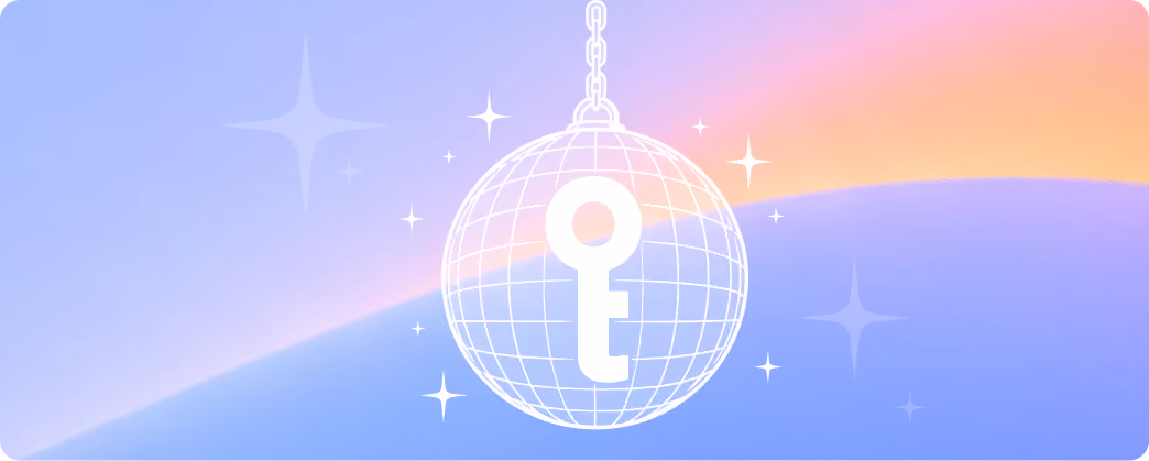 White key icon inside a disco ball hanging from a chain on a blue and pink gradient background with stars.