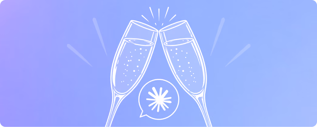 Two champagne glasses clinking with bubbles against a blue and purple gradient background.