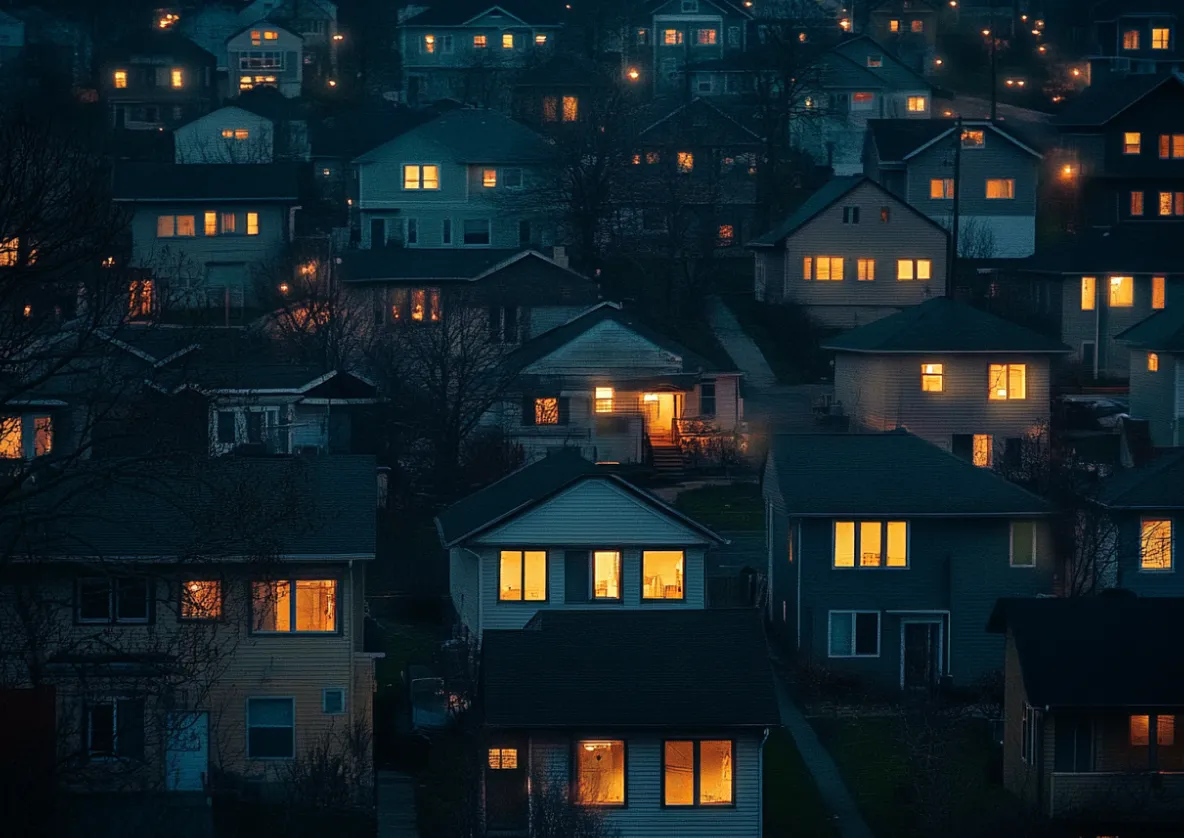 Residential neighborhood at night with lit homes.