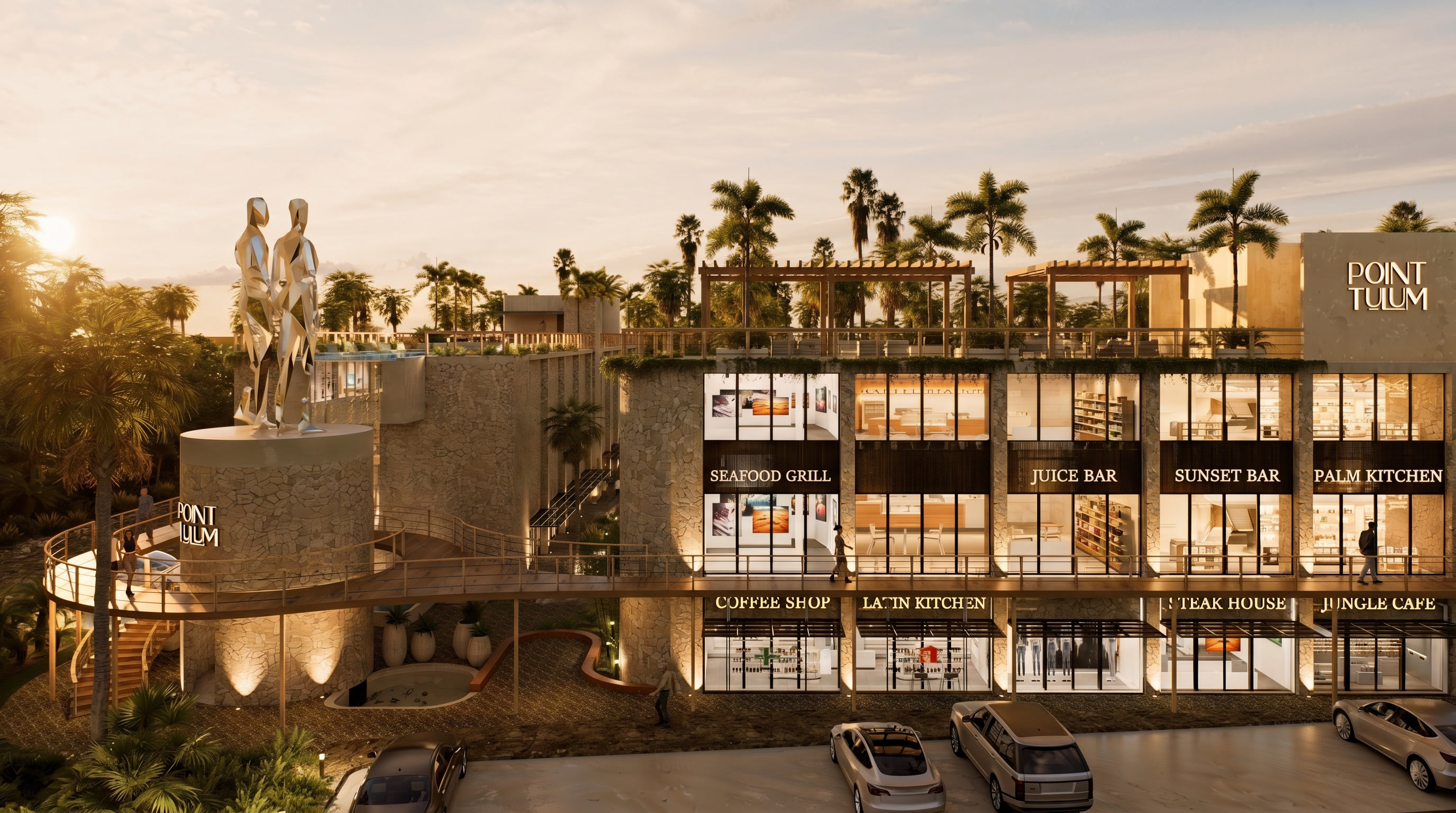Fachada de Point Tulum junto a la escultura Broken but Together