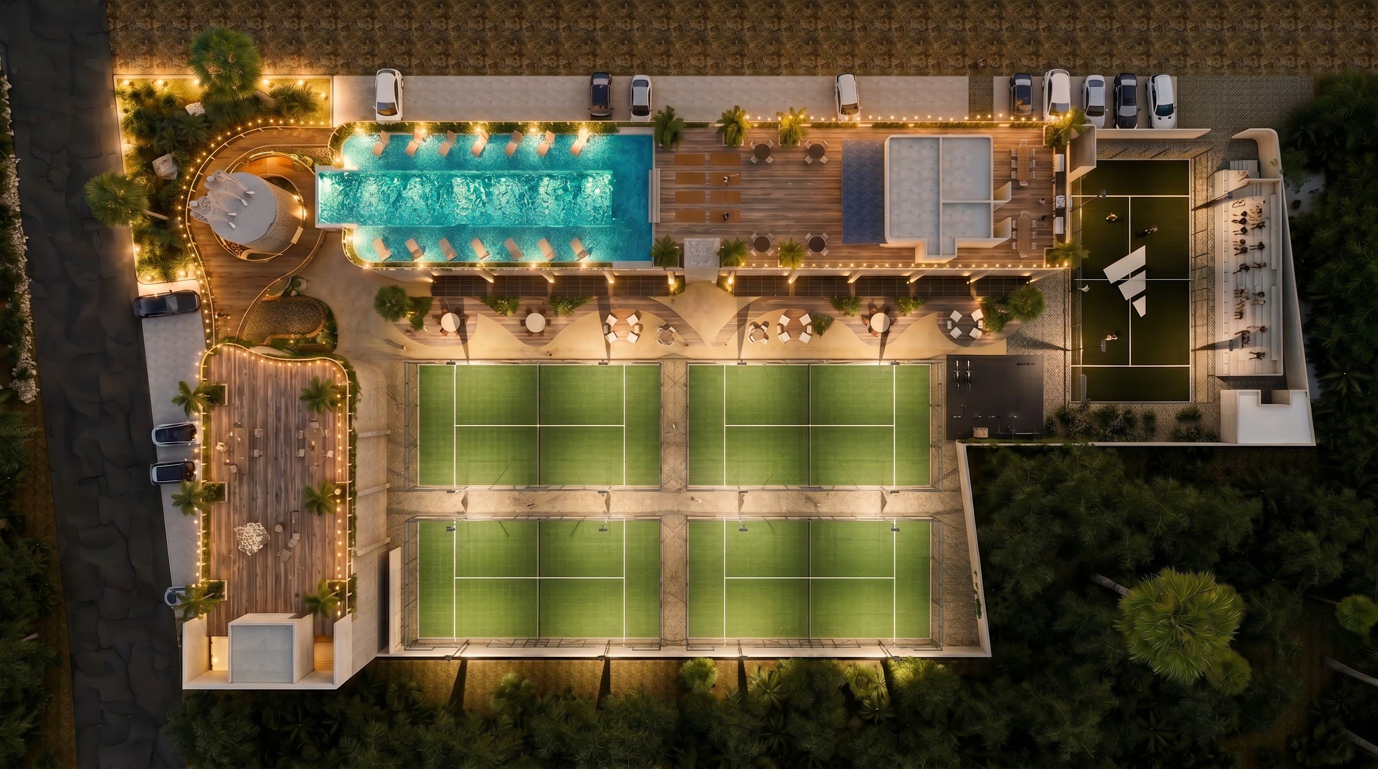 Vista cenital nocturna de la alberca y canchas de pádel en Point Tulum