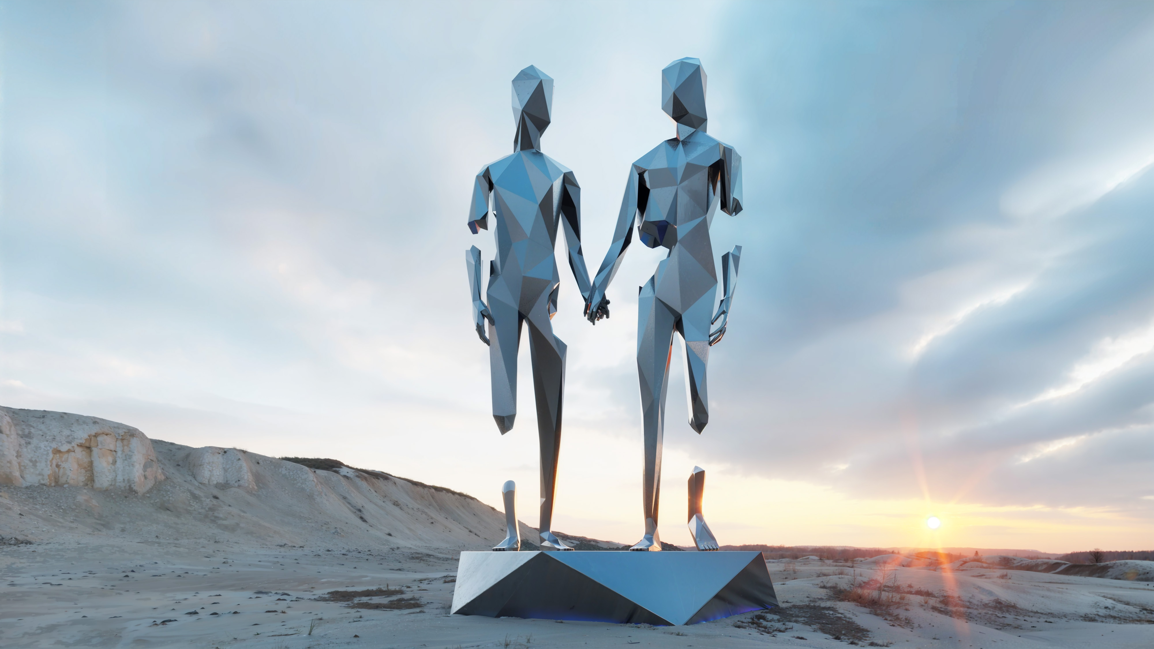 Escultura Broken but Together de Point Tulum al atardecer