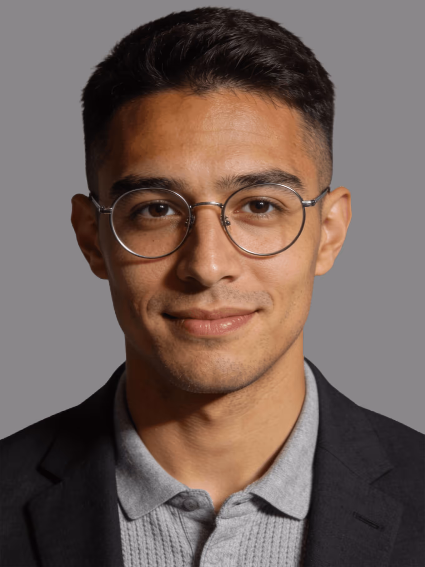 Young man with short dark hair and round glasses wearing a gray shirt and dark blazer against gray.