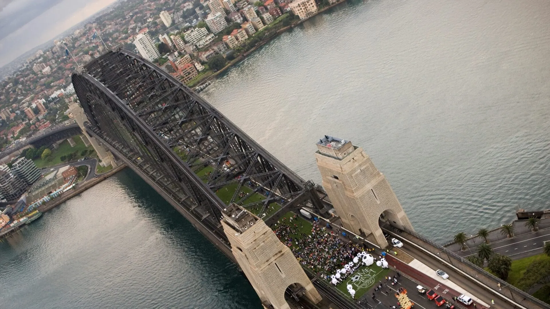 Aerial view of the Sydney Harbour Bridge spanning the harbour during the event.
