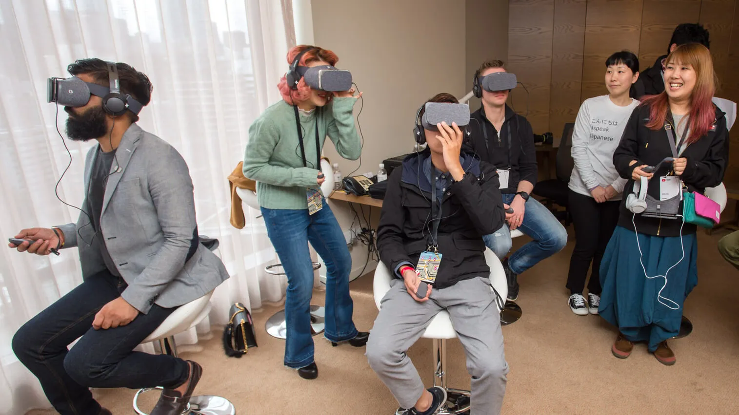 Guests try virtual-reality headsets during the YouTube Creator Summit.