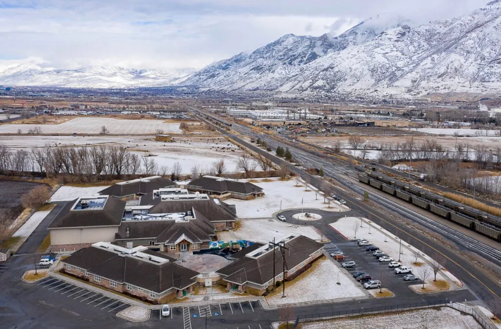 Aerial winter view of Provo Canyon School in Utah