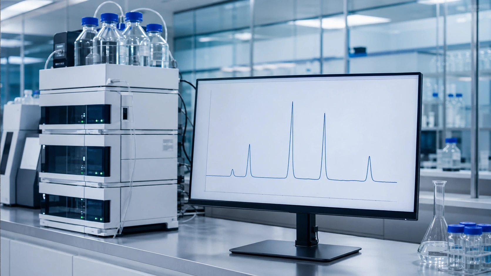 Modern analytical laboratory with an HPLC chromatogram on screen; Trevor may be included only if approved photography is available.
