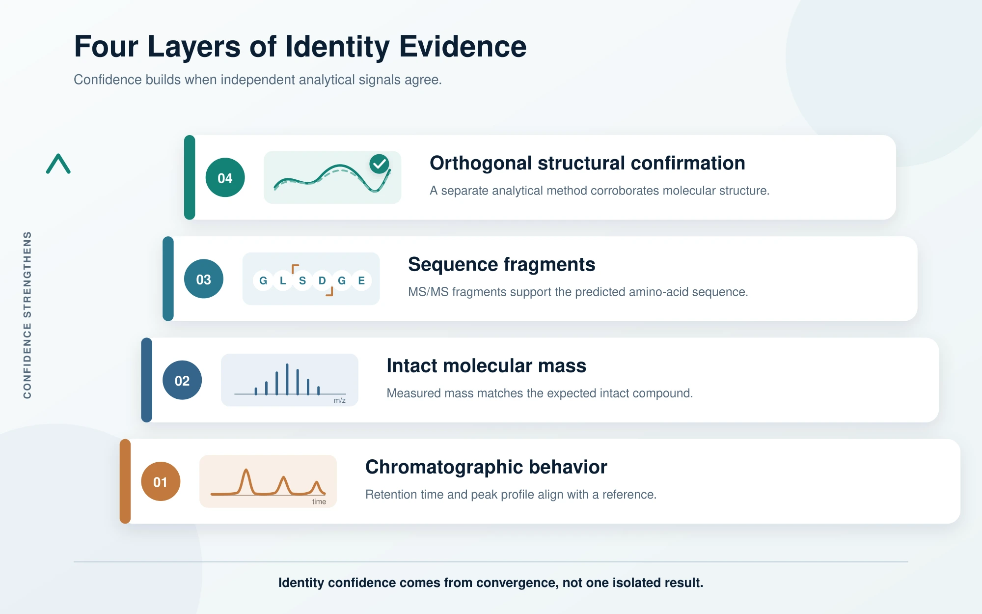 Diagram showing four layers of peptide identity testing from chromatography to sequence confirmation