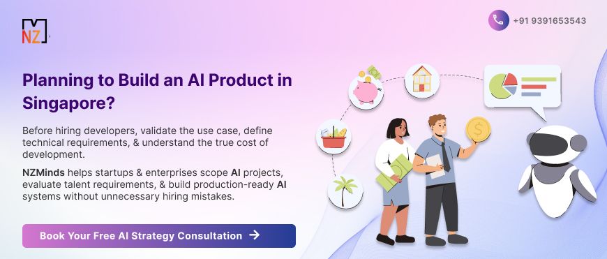 CTA banner promoting AI product development consultation in Singapore with guidance on AI hiring, project scoping, and development planning.