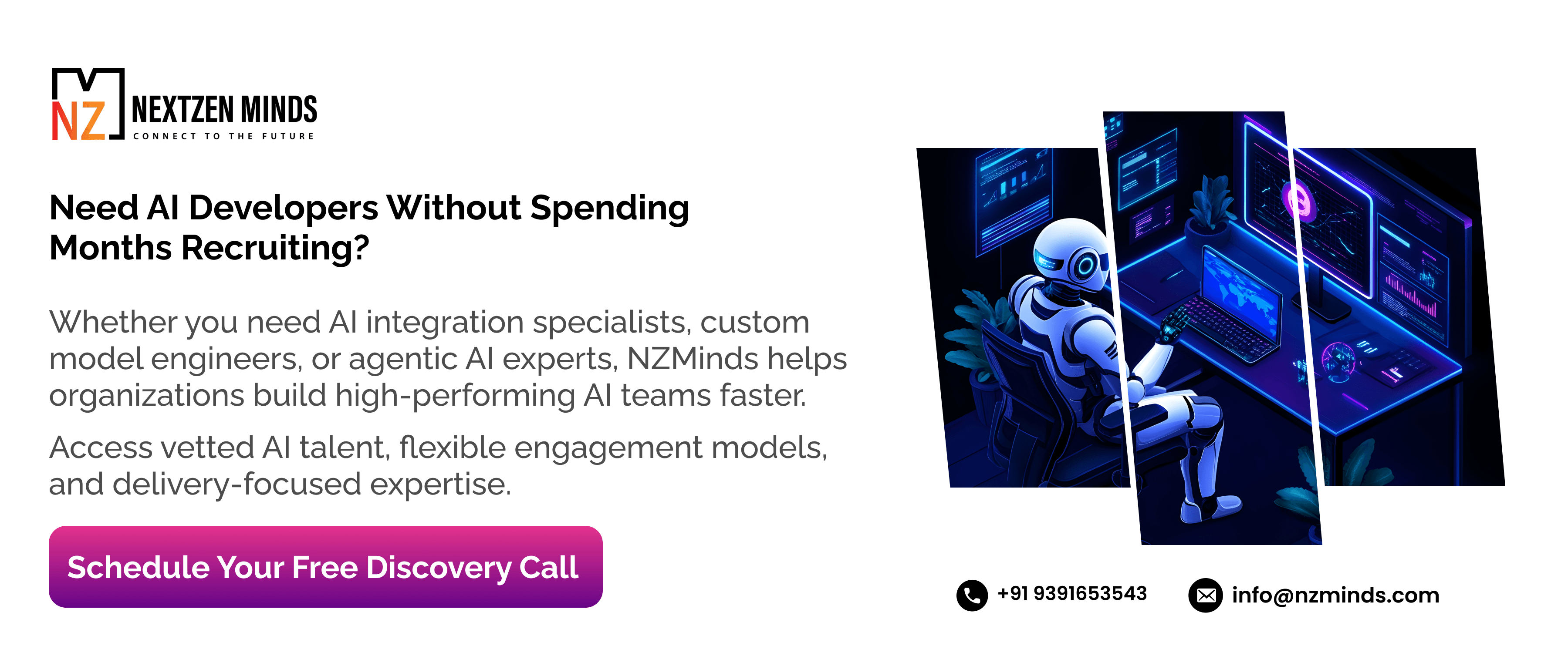 CTA banner promoting fast access to vetted AI developers, custom AI engineers, and agentic AI specialists through NZMinds.