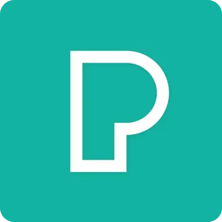 White outlined capital letter P on a teal square background with rounded corners.