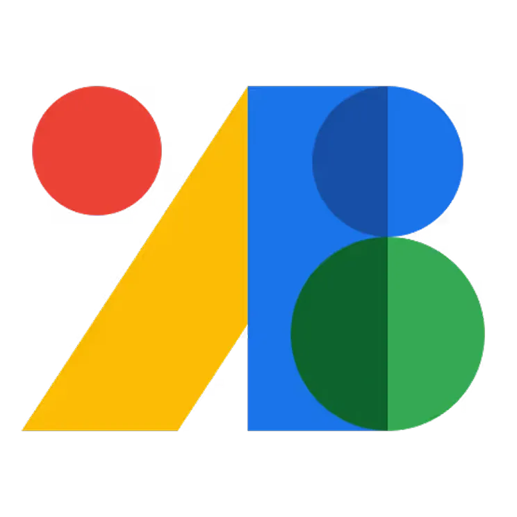 Colorful abstract geometric shapes including a red circle, a yellow right triangle, a blue rounded rectangle with a dark blue semicircle, and a green circle.