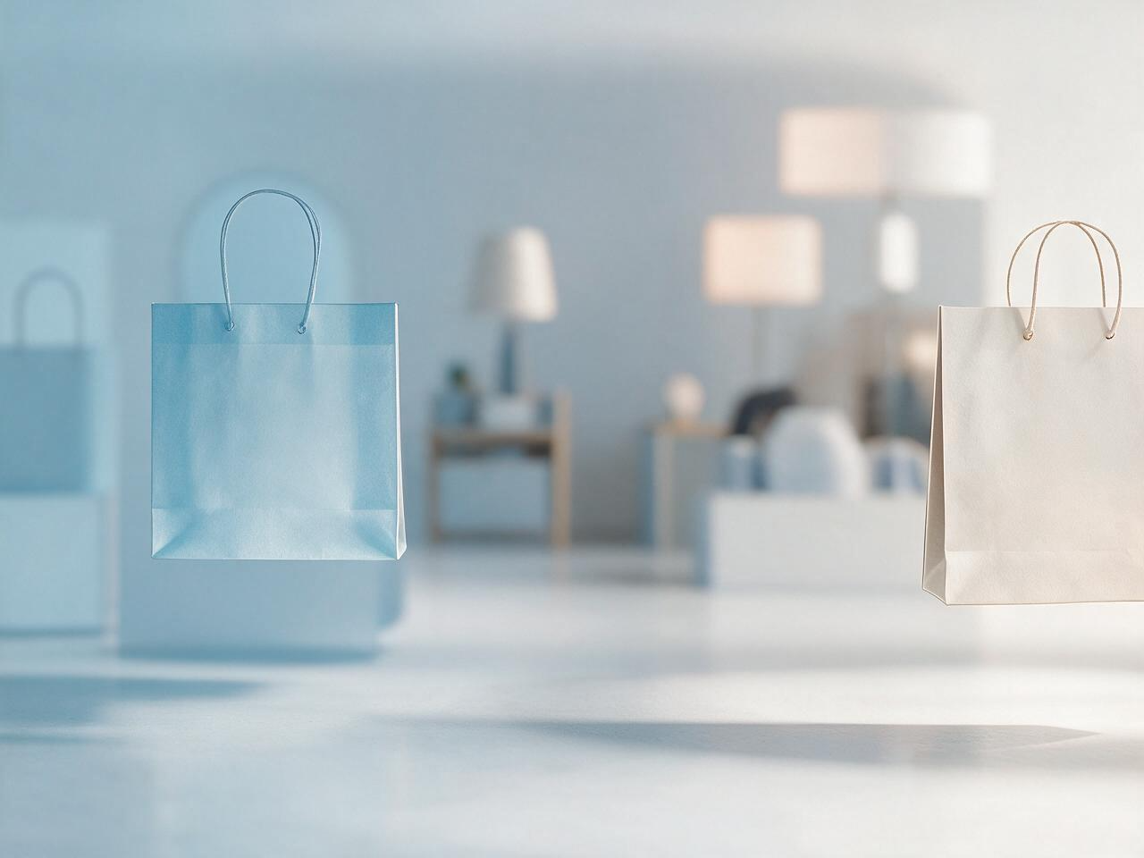 Blue and white shopping bags in a modern retail space