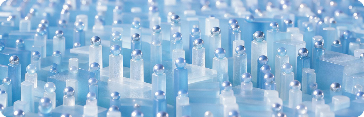 A network of individual specialists represented by blue glass forms
