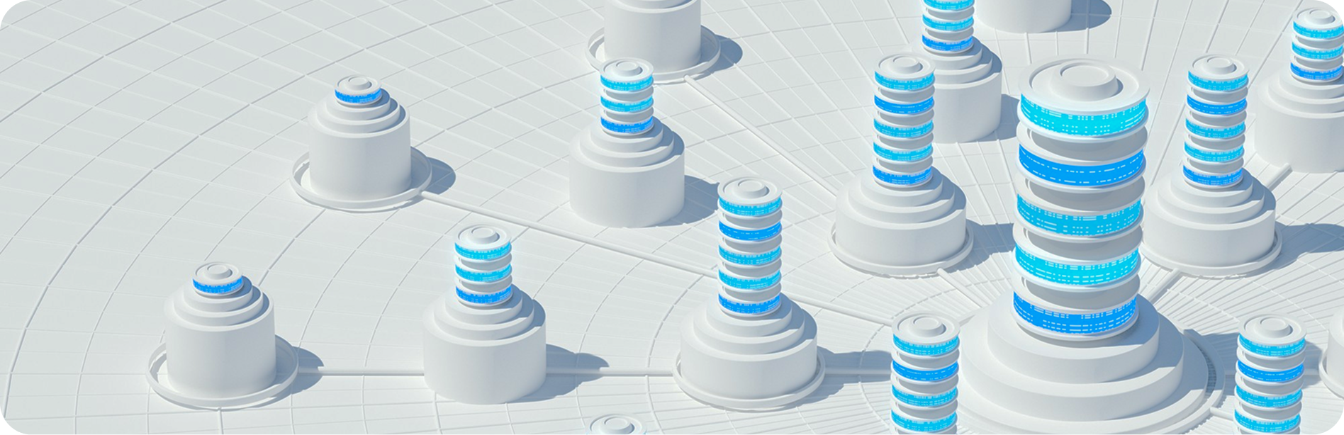 A network of individual specialists represented by blue glass forms