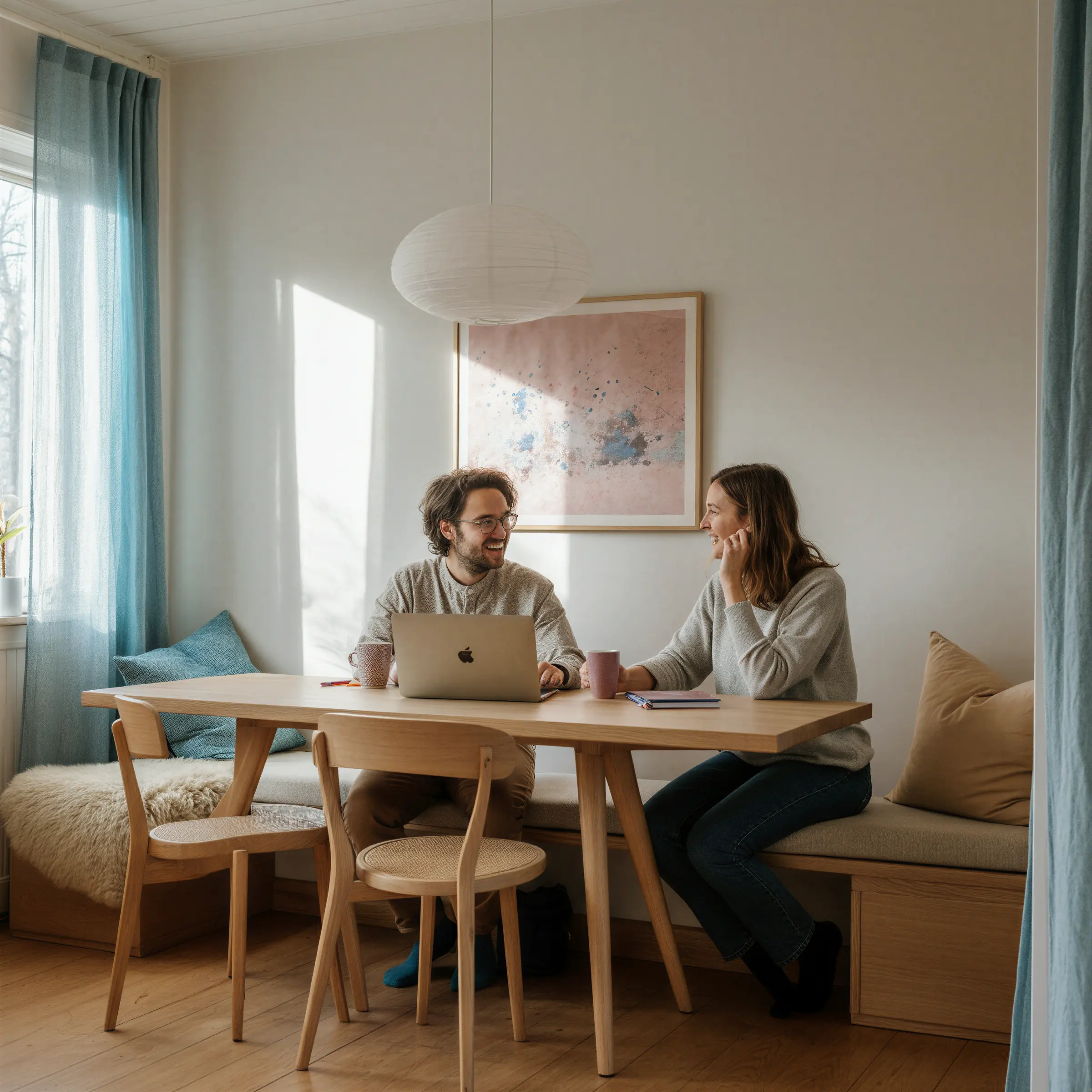Two people smiling and talking at a wooden table with a laptop and mugs in a cozy room