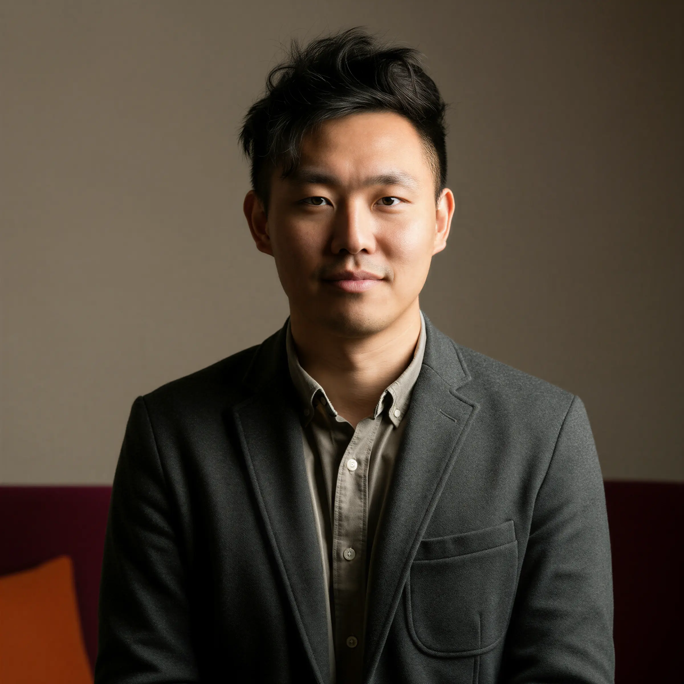 Professional portrait of a man with short black hair wearing a gray blazer and beige shirt