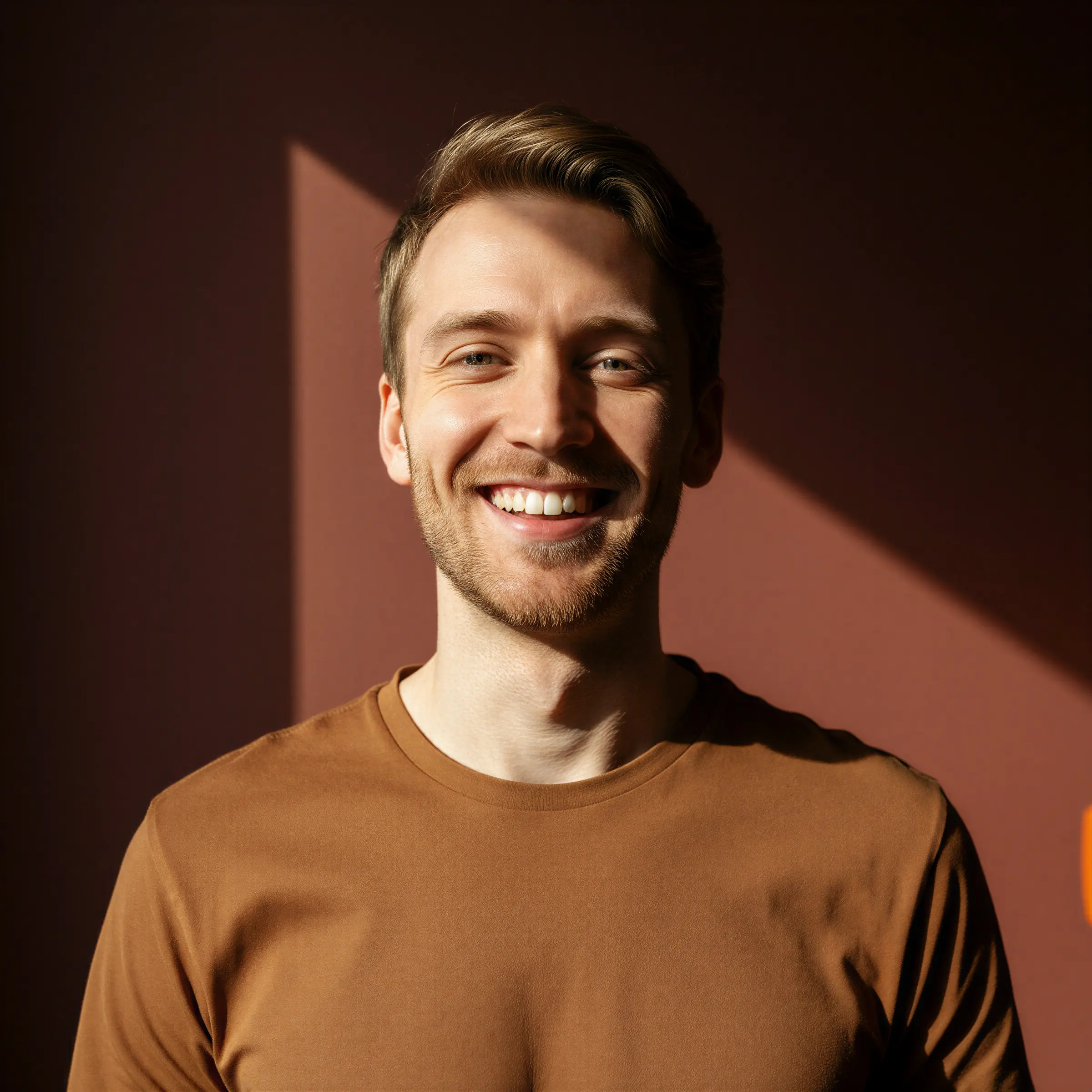 Smiling young man with light brown hair in a brown shirt against a textured warm wall
