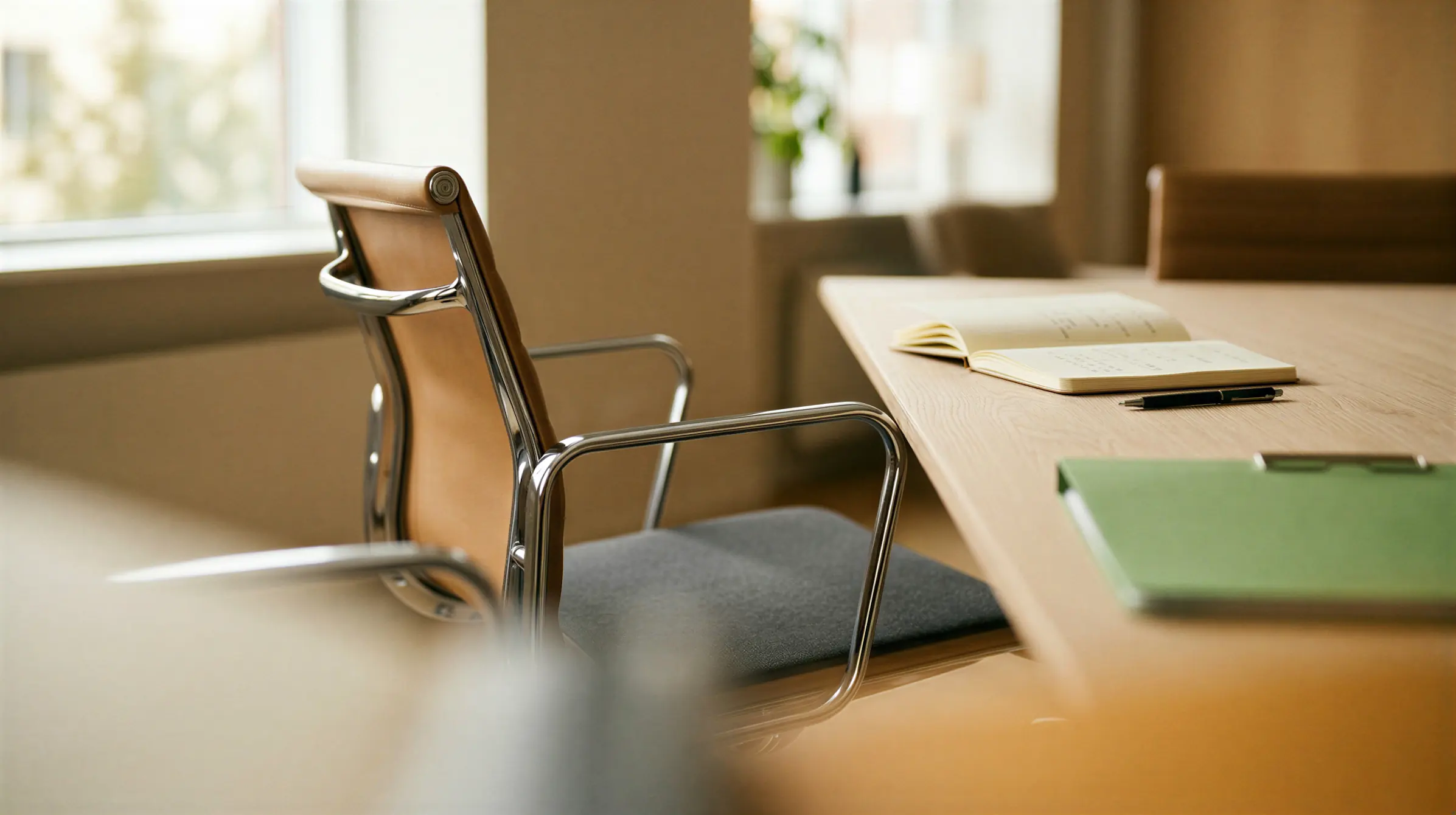 Modern office chair with chrome arms beside a wooden table holding open notebooks, pen, and green folder.