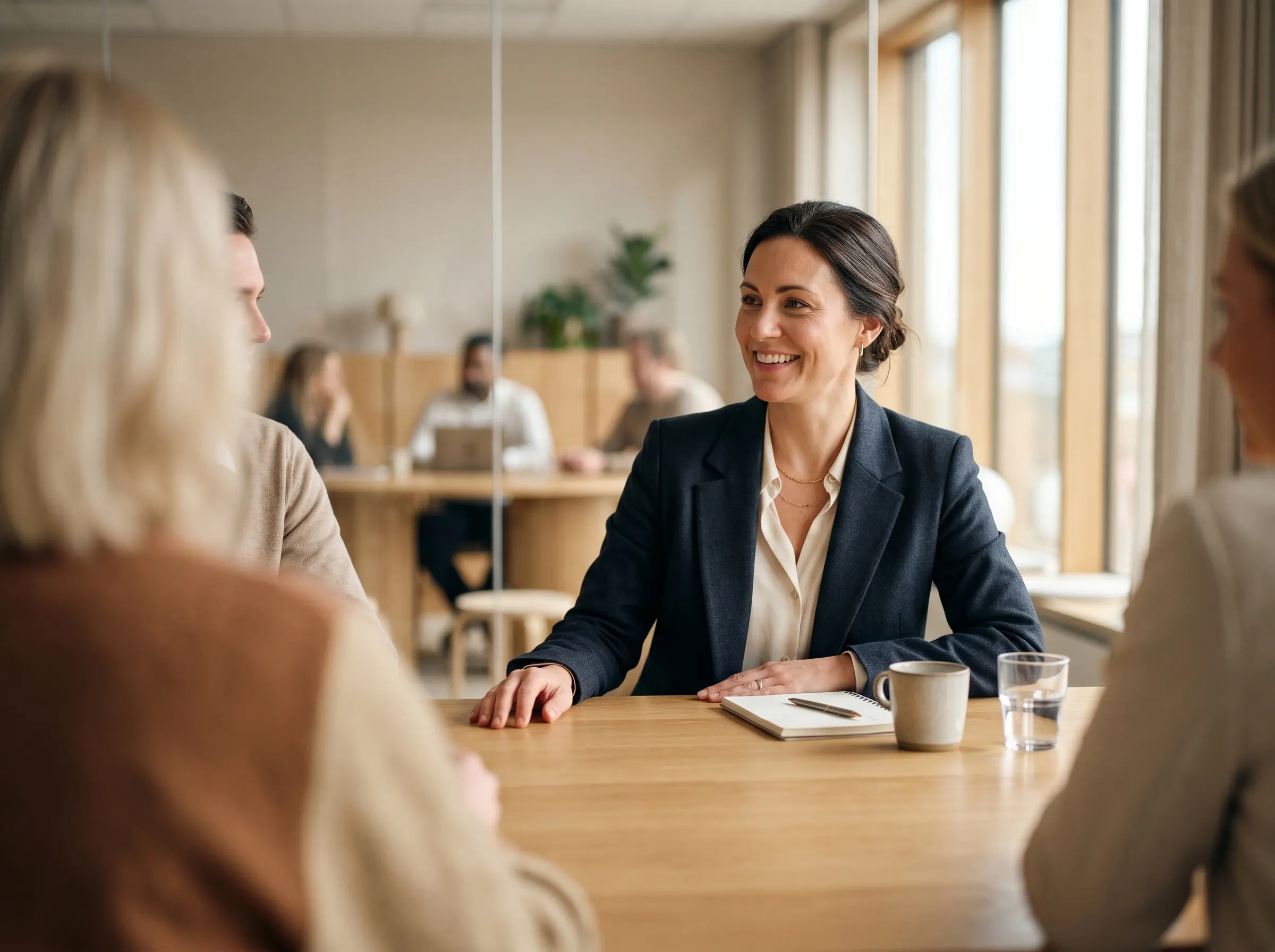 Smiling woman in a dark blazer seated at a wooden table with notebook and cup during a meeting.