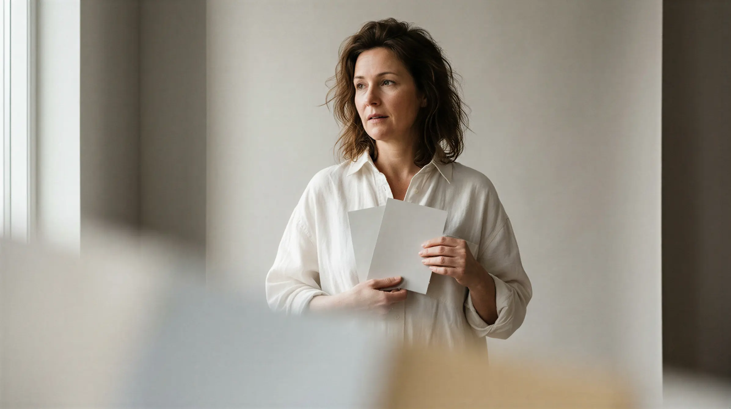 Thoughtful woman indoors holding two blank white cards in front of her chest.