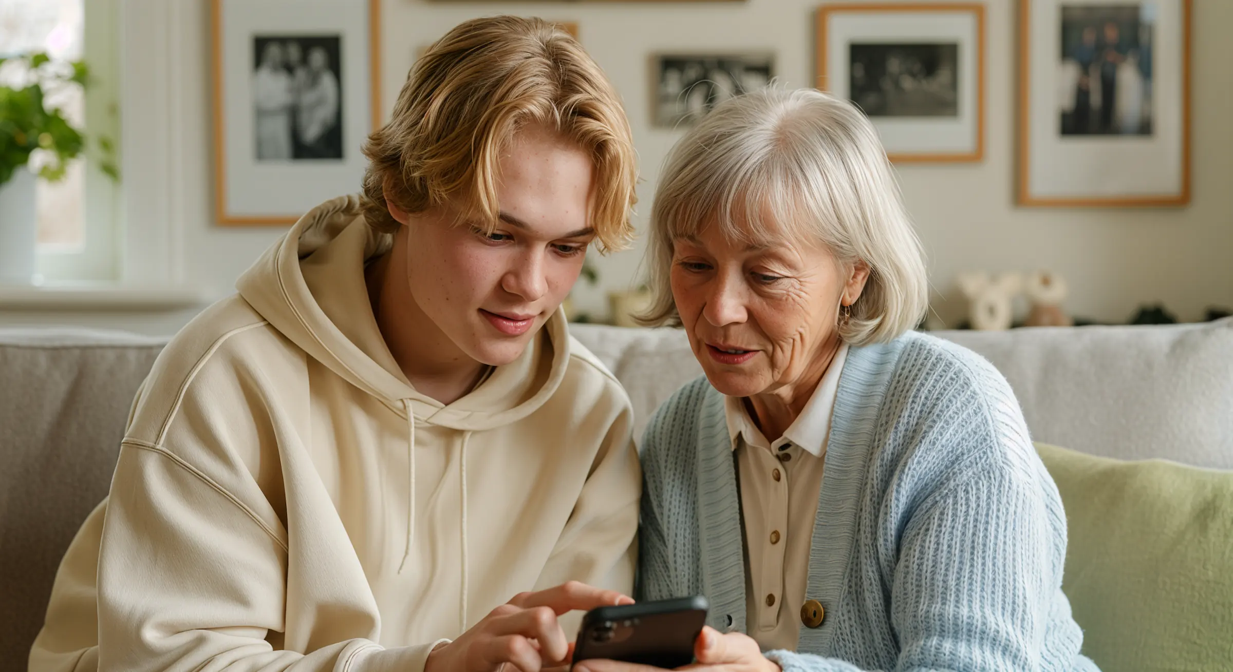Young man and older woman sitting on couch together looking at a smartphone.