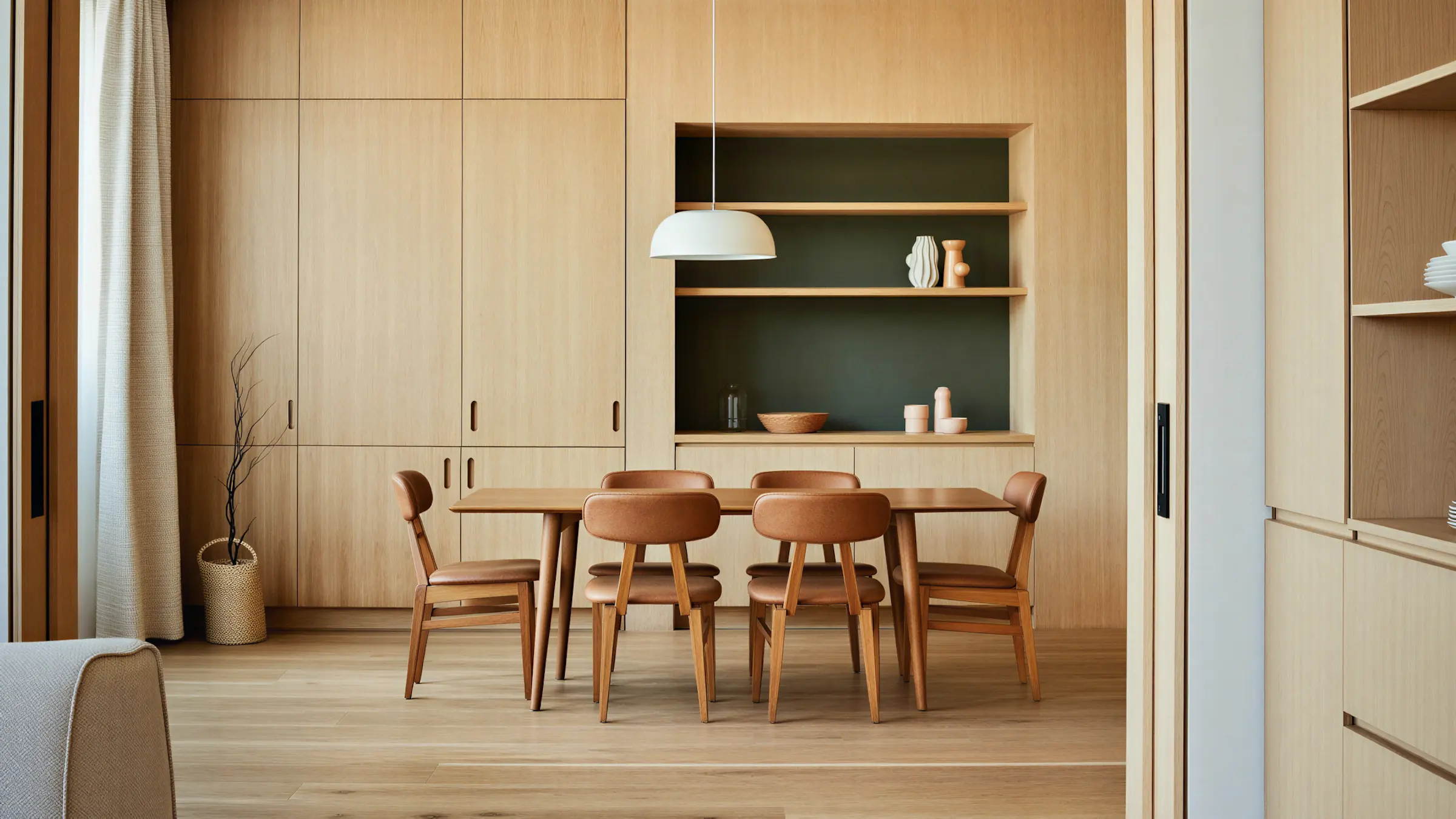Minimalist dining room with wooden table, six leather chairs, built-in shelves, and pendant light.