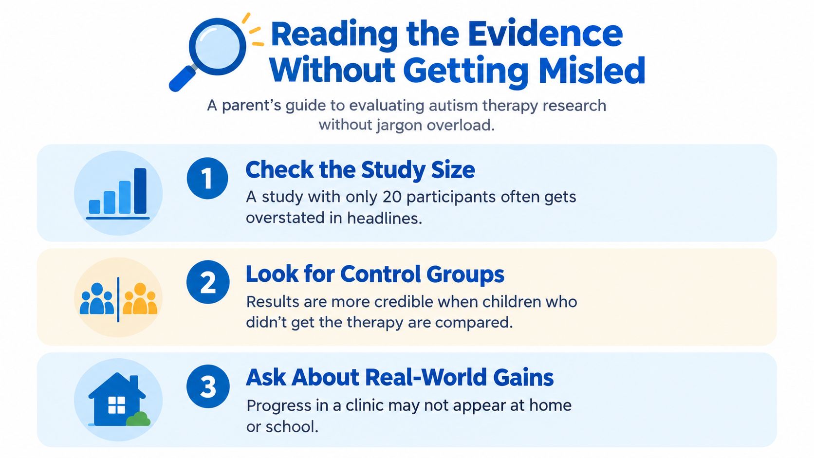 An infographic titled Reading the Evidence Without Getting Misled offering tips for evaluating autism therapy research.