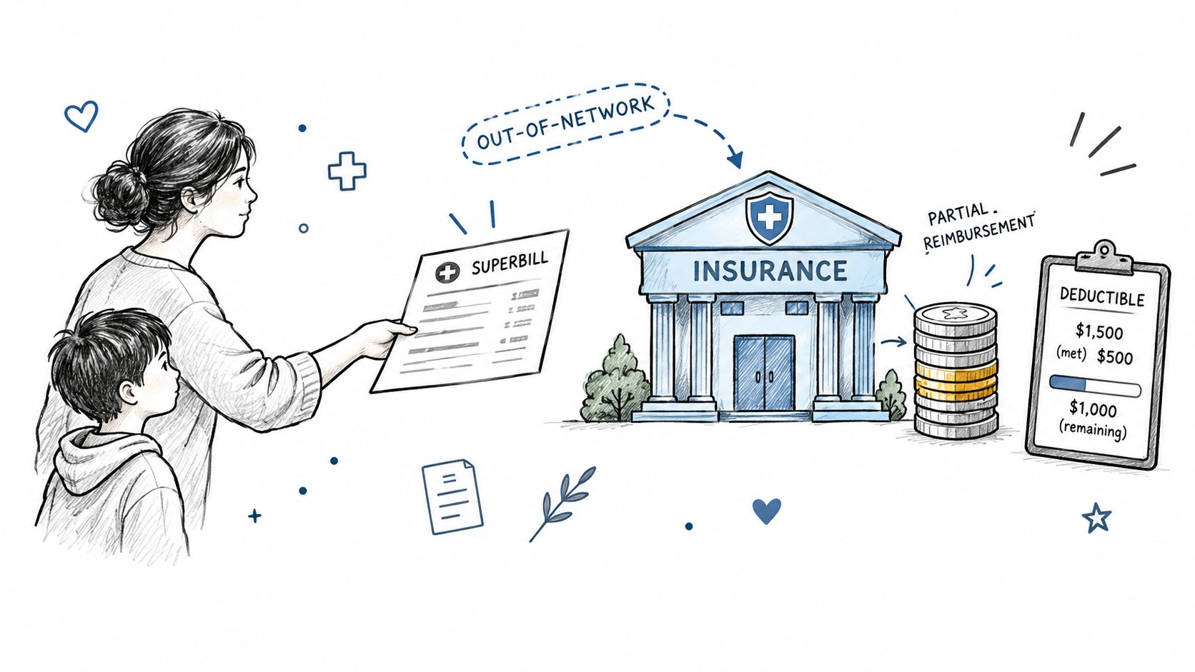 A woman and her child presenting a medical superbill to an insurance company for partial reimbursement.