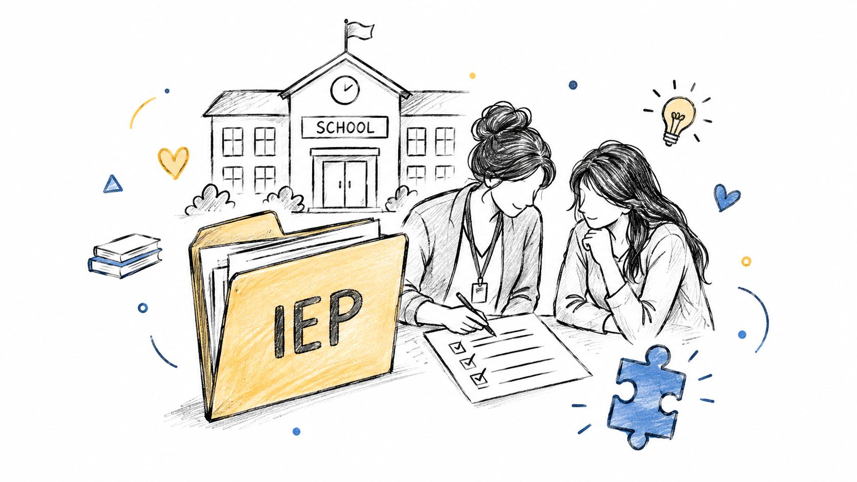 A teacher and a parent reviewing an IEP folder with a school building, lightbulb, and puzzle piece illustration.