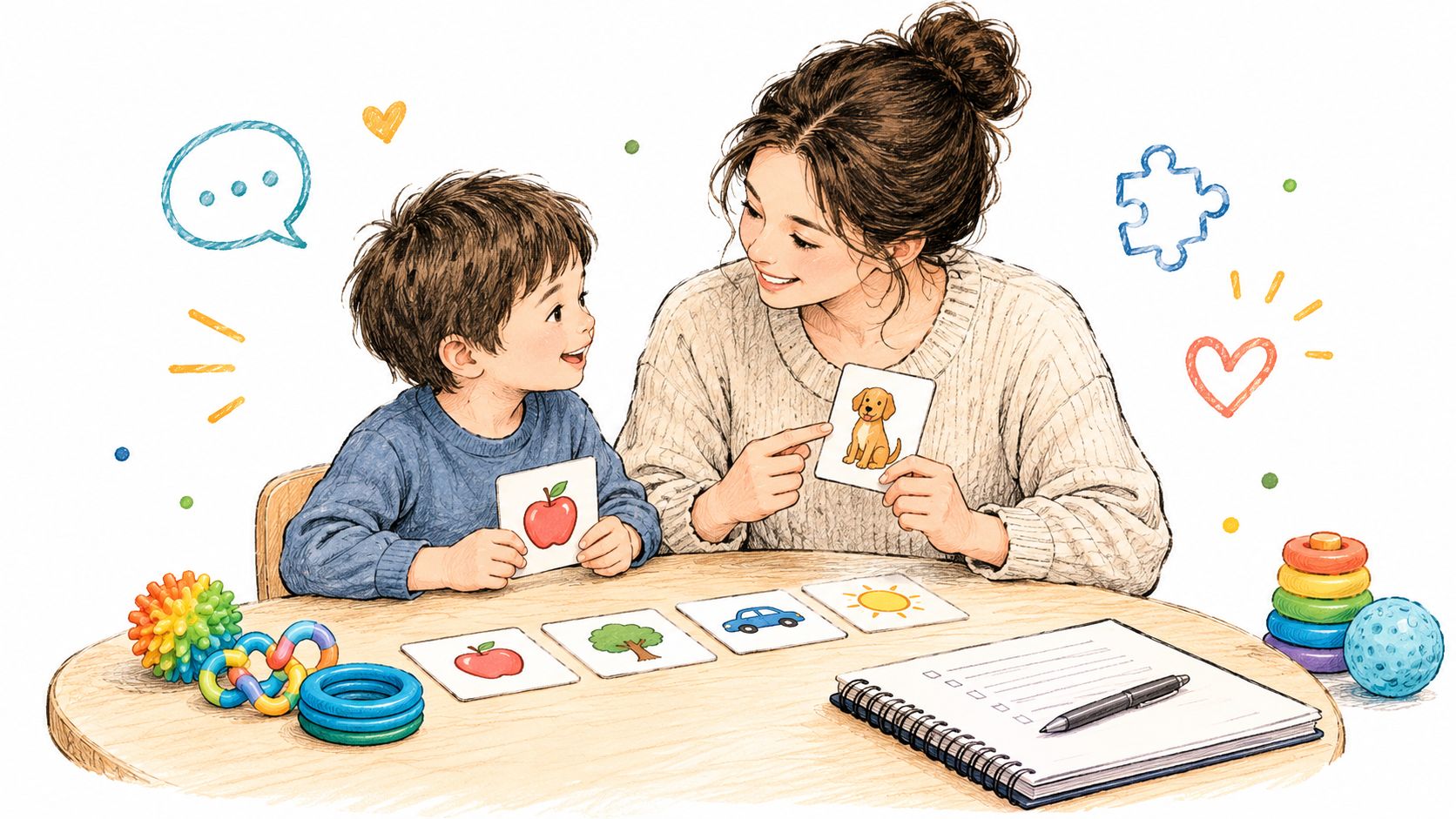 A mother and her young son sitting at a table together while learning with educational flashcards.