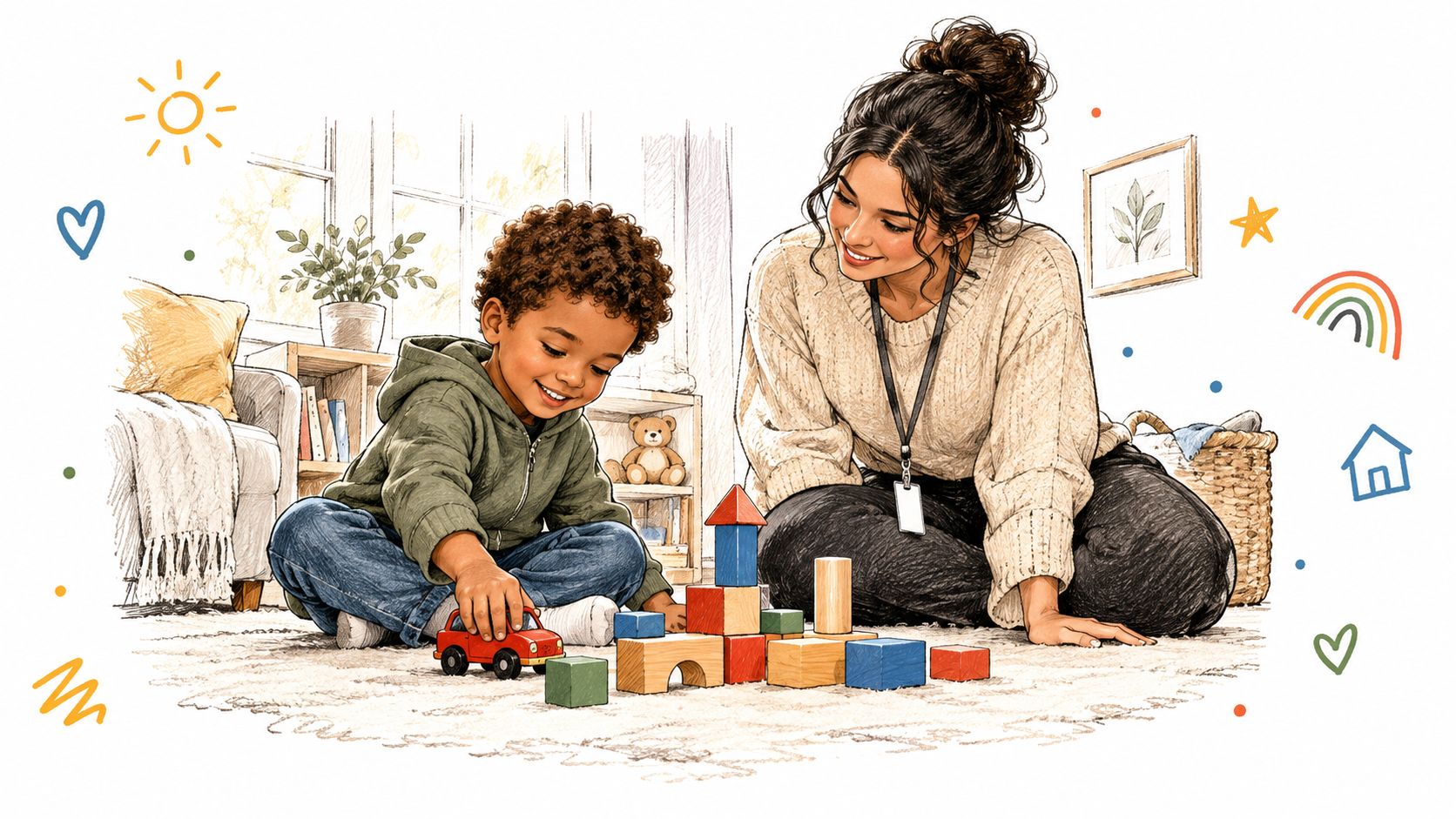 A warm, naturalistic ABA therapy session featuring a therapist playing with a young boy using building blocks.