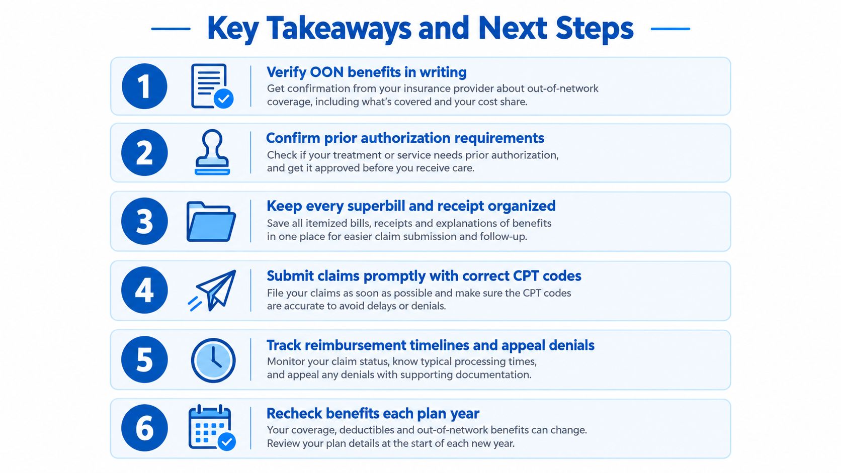 A six-step checklist providing guidance on how to manage out-of-network insurance benefits and medical claim processes.