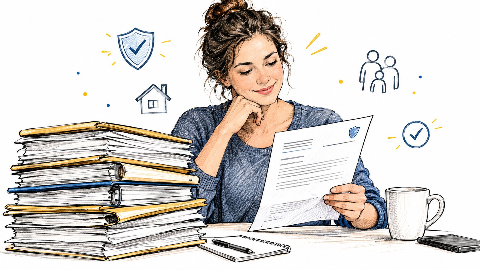 A woman reviewing insurance documents with a stack of files, a coffee mug, and a notebook.