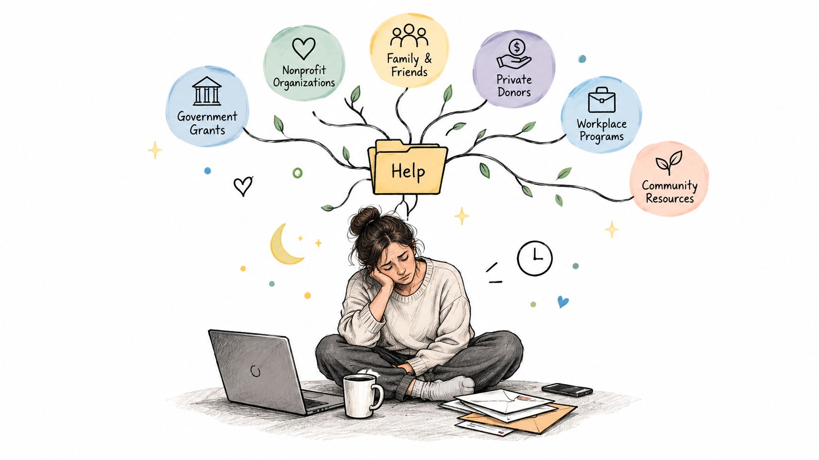 A tired woman sits on the floor searching for financial aid, surrounded by various support resource options.
