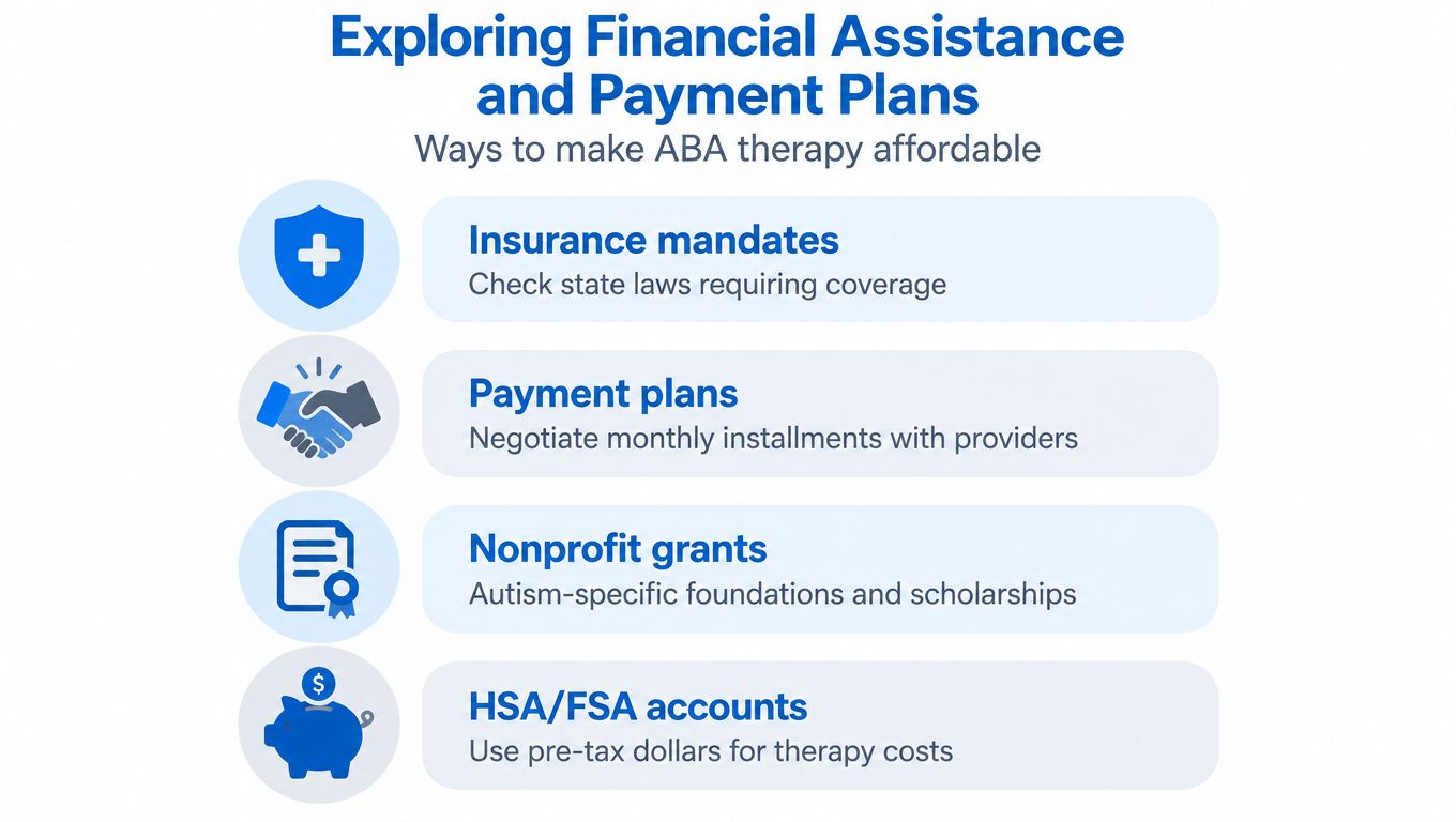 An infographic outlining four ways to make ABA therapy more affordable, including insurance, payments, grants, and accounts.