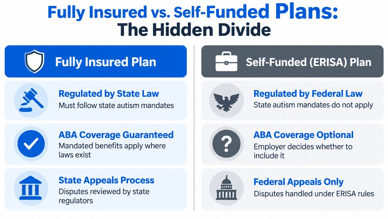 A comparison chart outlining the key differences between fully insured and self-funded ERISA health insurance plans.