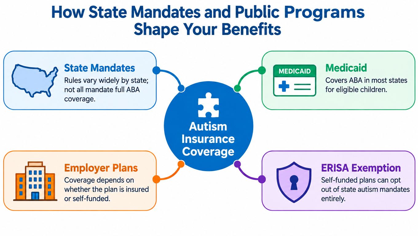 A diagram illustrating how state mandates, employer plans, Medicaid, and ERISA exemptions influence autism insurance coverage.