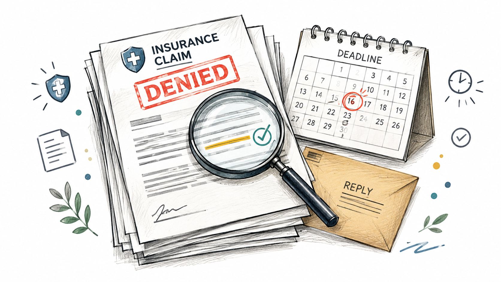 A denied insurance claim document featuring a magnifying glass, a calendar with a circled date, and a reply envelope.