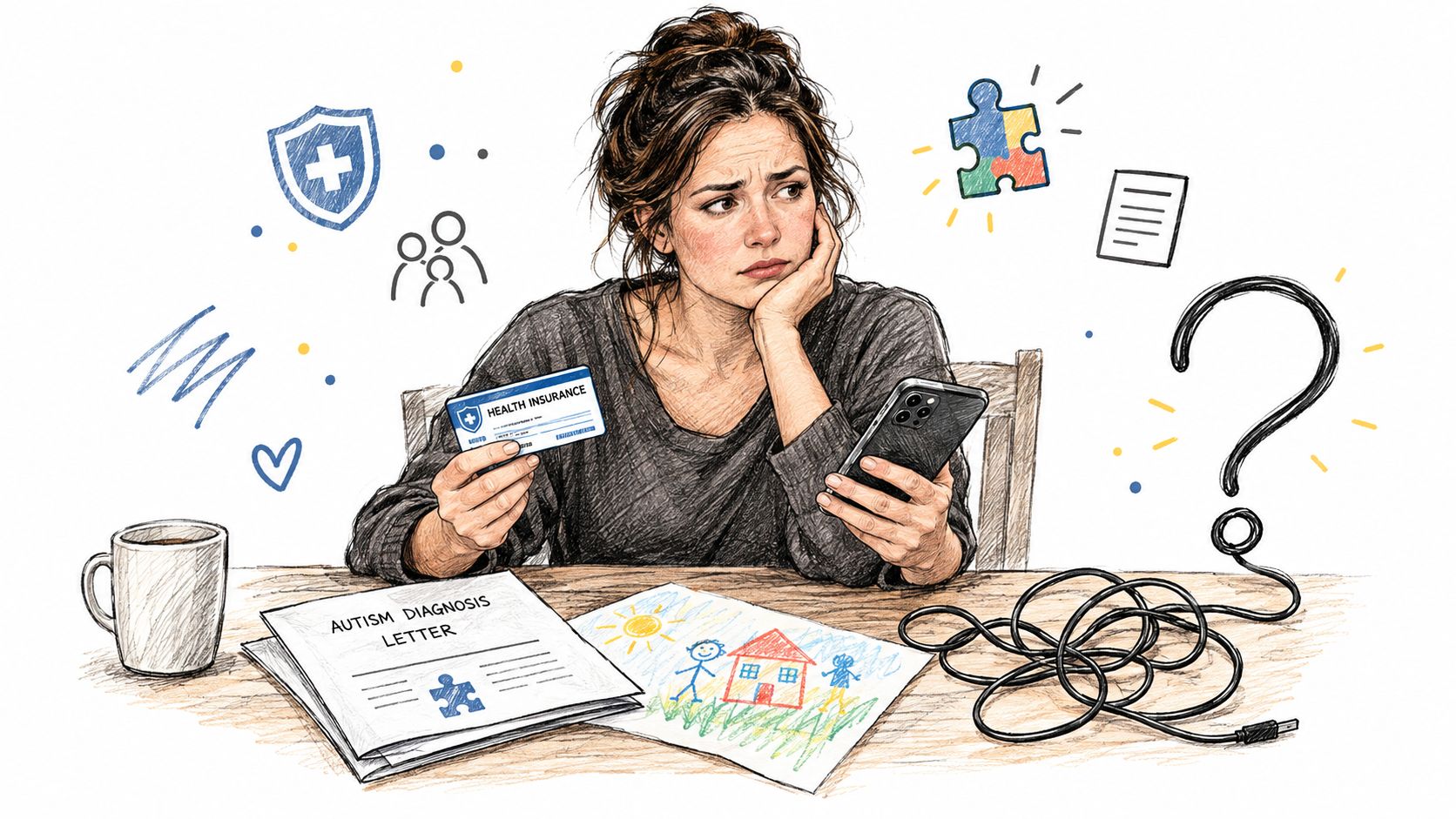 A concerned woman holding an insurance card sits at a table with an autism diagnosis letter and drawing.