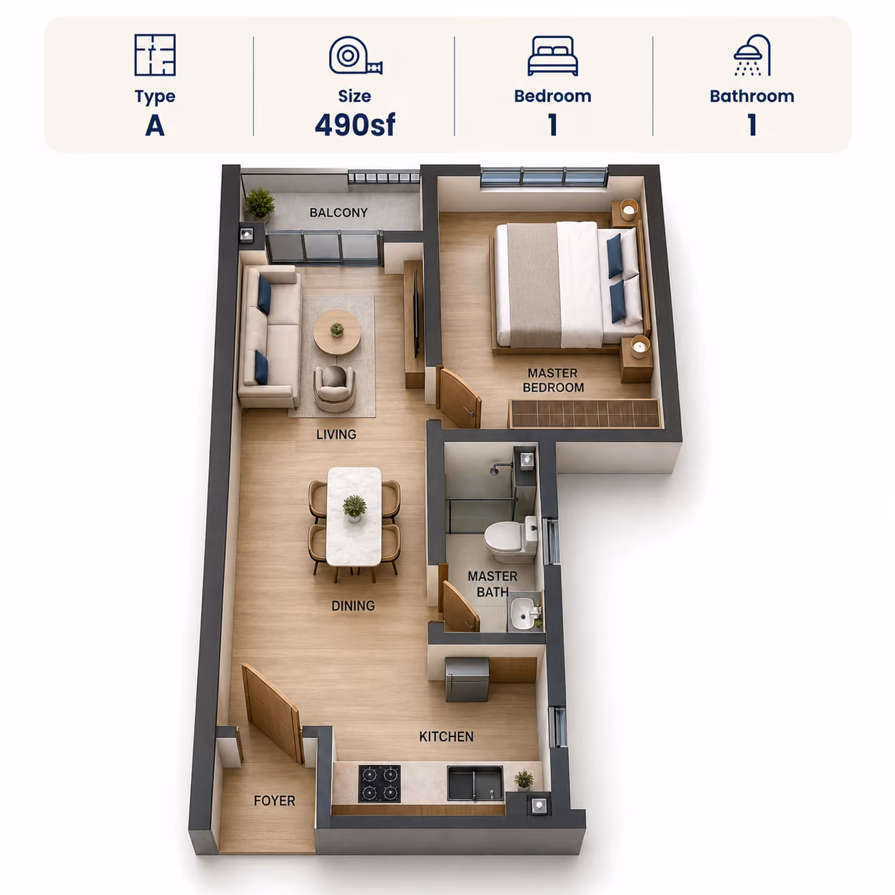 PV22 Residences Type A floor plan, 490 sqft 1 bedroom 1 bathroom