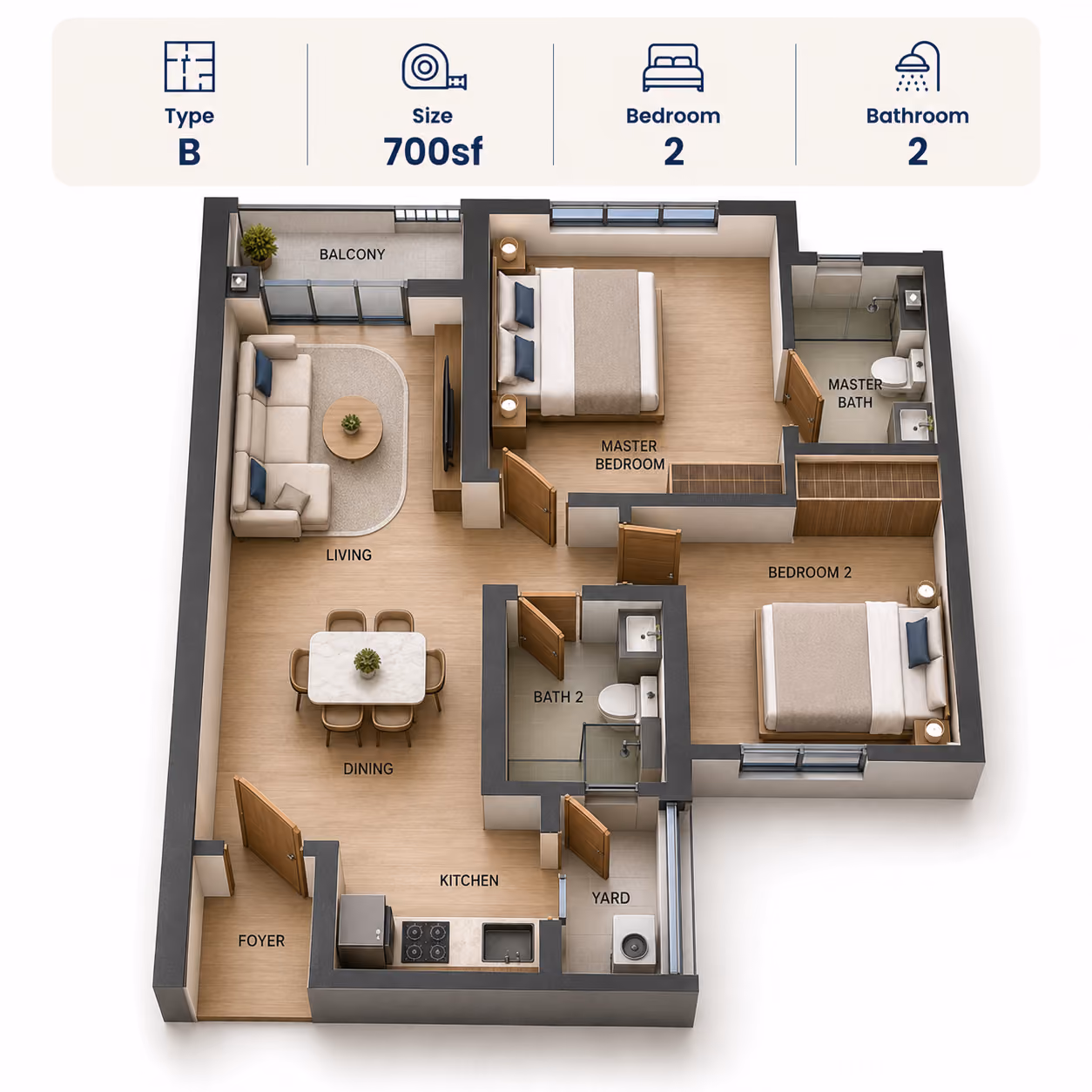 PV22 Residences Type B floor plan, 700 sqft 2 bedroom 2 bathroom