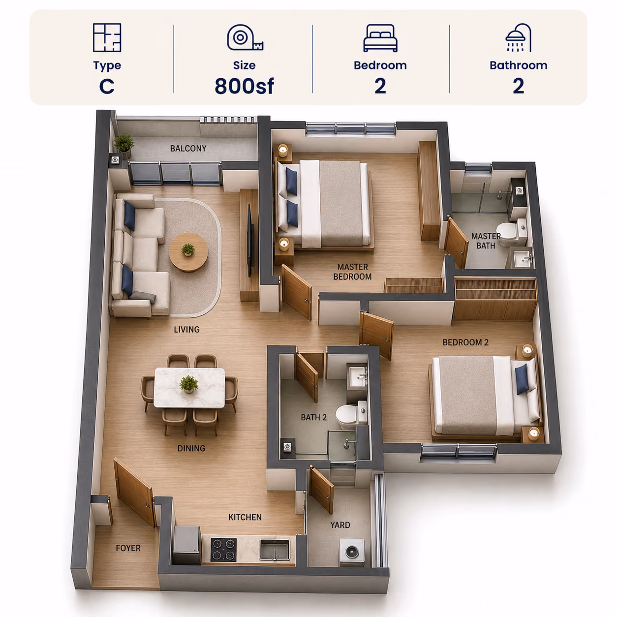 PV22 Residences Type C floor plan, 800 sqft 2 bedroom 2 bathroom