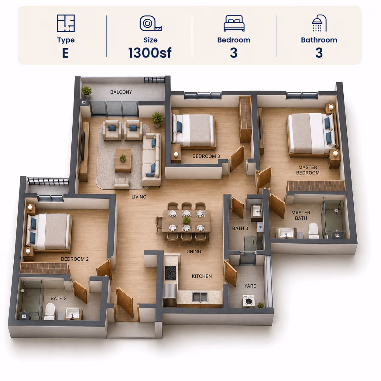 PV22 Residences Type E floor plan, 1,300 sqft 3 bedroom 3 bathroom